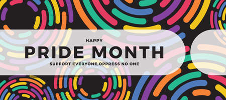 Happy pride month text on white tab bar on abstract colorful circle ring line texture background vector designのイラスト素材