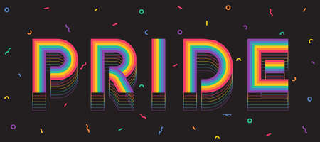 Rainbow Pride text with line stripe motion shadow and ribbon fireworks texture around on black background vector designのイラスト素材