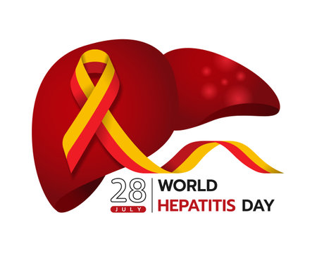 world hepatitis day - yellow red ribbon waveing around liver with inflammation vector designのイラスト素材