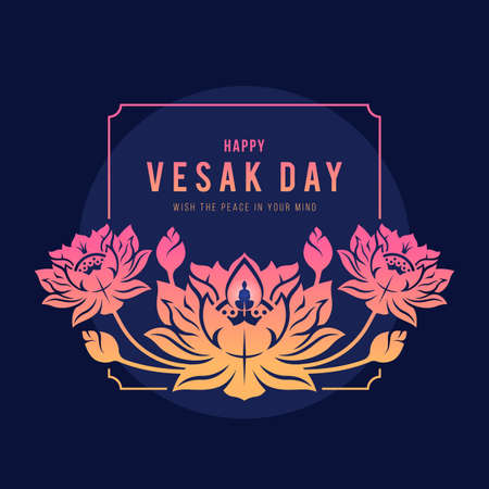 Happy Vesak day banner - text in pink yellow frame are lotus with candle buddha light on dark blue...