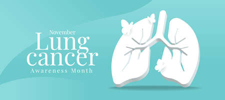 November Lung cancer awareness month - white 3D lung symbol with butterfly around on pastel green blue background vector designのイラスト素材