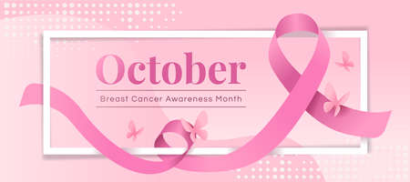 October, Breast cancer awareness month text in white frame and pink ribbon rolling around with butterfly on curve soft pink background vector Designのイラスト素材