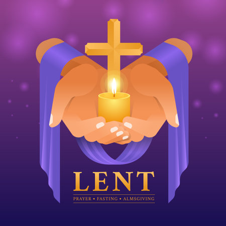 Lent, prayer fasting and almsgiving - hands with purple cloth hold gold cross crucifix sign and candle light on purple and blue background vector designのイラスト素材