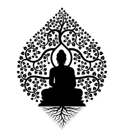 Black Buddha Meditation under bodhi tree with leaf and root sign vector designのイラスト素材