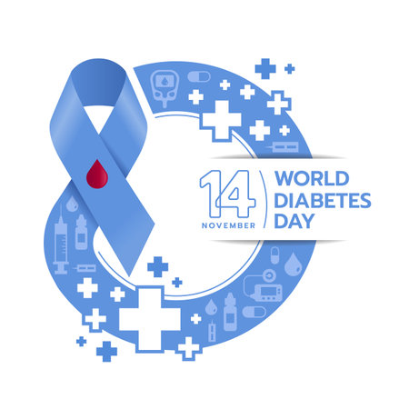world diabetes day - red drop blood buttons on blue ribbon are roll made blue ring circle symbol with cross sign and icons about diabetes texture vector designのイラスト素材