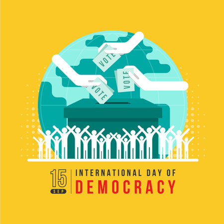 International day of democracy - Hands lowering the vote card to box and white group of people stand on circle world background vector designのイラスト素材