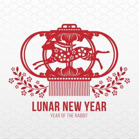 Happy Lunar new year - red paper cut rabbit in lantern sign and flower and leaf around on white china texture background vector designのイラスト素材
