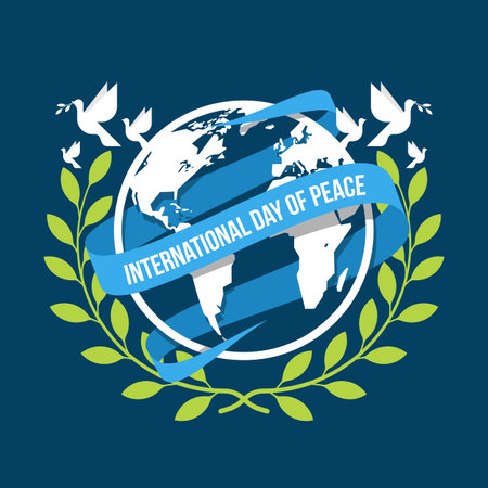 International day of peace - white doves of peace flying up circle globe world sign with blue ribbon roll around and olive wreath on dark blue background vector designのイラスト素材