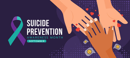 Suicide prevention awareness month text and suicide awareness prevention ribbon sign and hands that delivers love to a sad hand on dark purple background vector designのイラスト素材