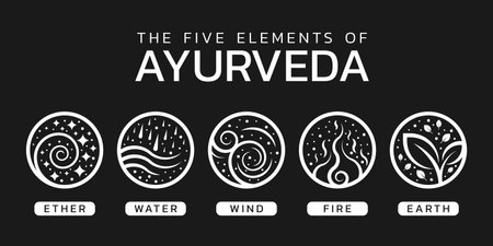 The Five elements of Ayurveda with ether, water, wind, fire and earth abstract circle white icon sign on black background vector designのイラスト素材
