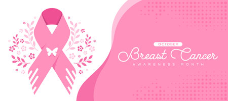 October Breast cancer awareness month - pink ribbon sign with white butterfly button and pink flowers leaf around on white pink background vector designのイラスト素材