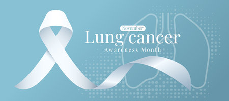 Lung cancer awareness month - white awareness ribbon waving on line lung sign with dot texture on soft blue background vector designのイラスト素材