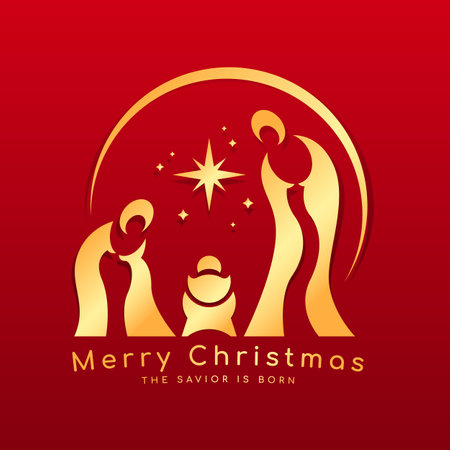 Merry Christmas, the savior is born - abstract gold mary and joseph in a manger with baby Jesus sign in circle line and star on red background vector designのイラスト素材
