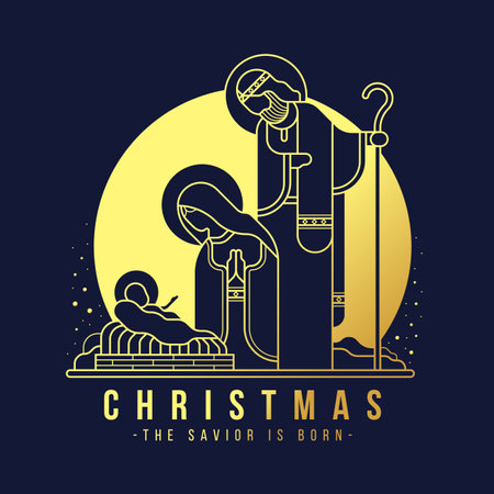 Merry Christmas the savior is born modern gold line The Nativity with mary and joseph in a manger with baby Jesus in circle on dark blue background vector illustration designのイラスト素材