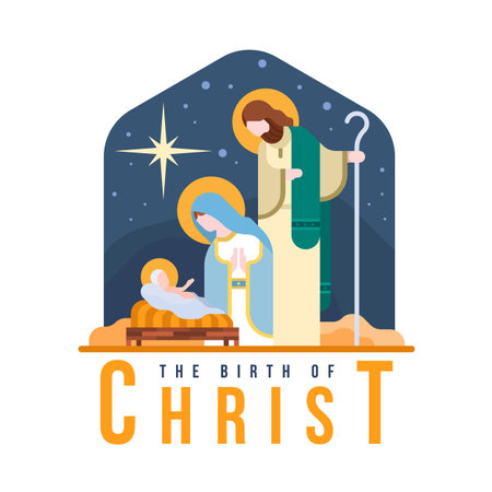 The birth of christ - The Nativity with mary and joseph in a manger with baby Jesus and star light at night, flat charecter style vector illustration designのイラスト素材