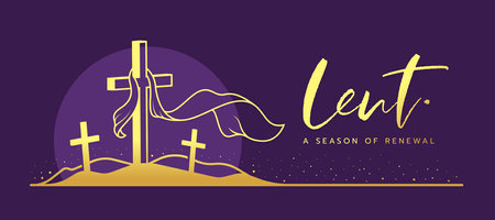 Lent, a season of renewal text and gold lent cross crucifix on mountaion and circle sunset on dark purple background vector designのイラスト素材