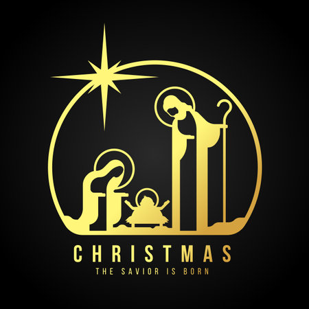 Merry Christmas the savior is born modern gold modern style The Nativity with mary and joseph in a manger with baby Jesus in circle on dark background vector illustration designのイラスト素材