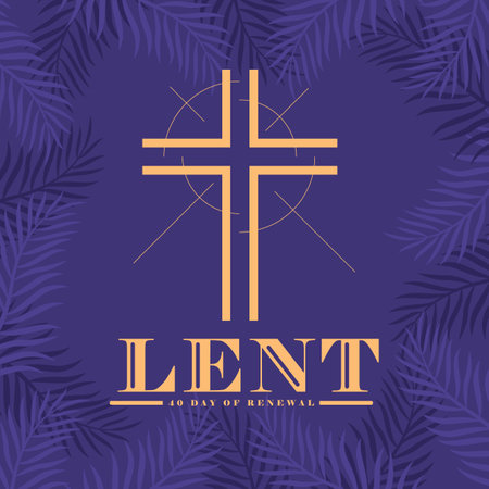 Lent, 40 day of renewal text and gold cross crucifix sign with line radiate shine on purple plam leaves texture background vector designのイラスト素材