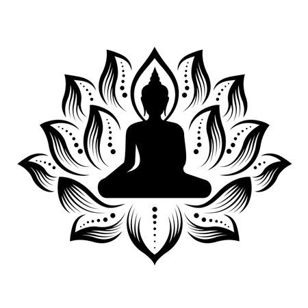 Black Buddha meditated with lotus petals around sign vector designのイラスト素材