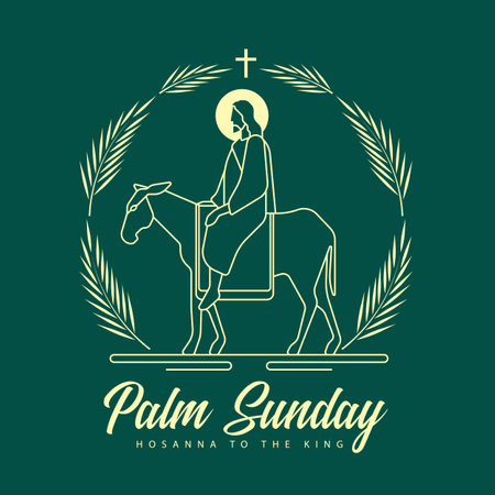 Palm sunday - yellow modern line jesus riding donkey entering jerusalem with palm leaves circle around and cross crucifix sign on dark green background vector designのイラスト素材