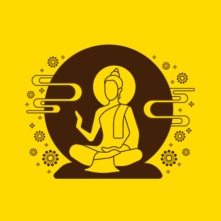 Brown Modern line Buddha sit on floor in circle full moon with flower falling around on yellow background vector designのイラスト素材