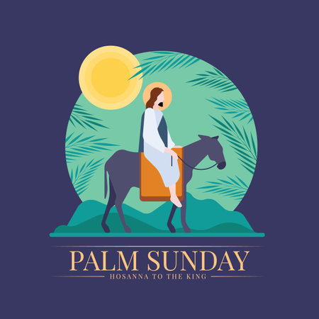 Palm sunday - Jesus riding donkey entering jerusalem with palm leaves circle around and sun on dark purple background vector designのイラスト素材