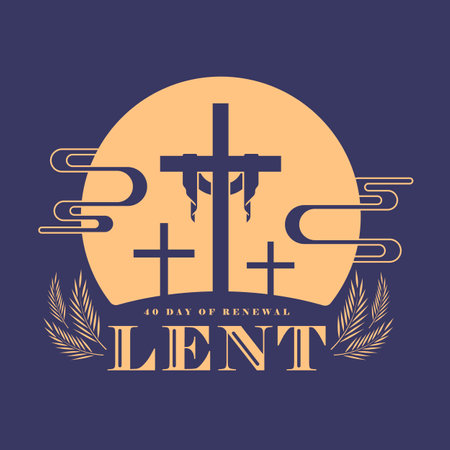 Lent, 40 day of renewal - Gold cross crucifix sign in circle with cloud sign and palm leaf around on purple background flat style vector designのイラスト素材