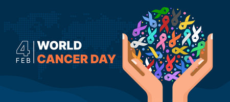 World Cancer Day - Two hand hold up circle shape with set of ribbons of different colors against cancer sign on dark blue dot world map texture background vector designのイラスト素材