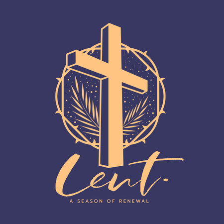 Lent, a season of renewal - gold perspective cross crucifix sign circle thorns sign and palm leaves around on purple background flat style vector designのイラスト素材