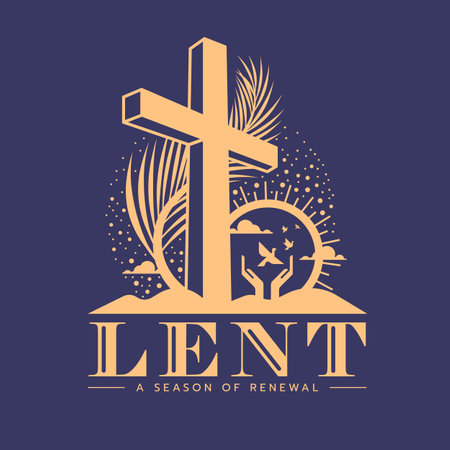 Lent, a season of renewal - Gold perspective cross crucifix sign palm leaves and hands are setting birds to freedom in the sun on purple background flat style vector designのイラスト素材