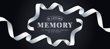 In loving memory of those who are forever in our hearts text in white ribbon waving roll around circle frame on dark background vector designのイラスト素材