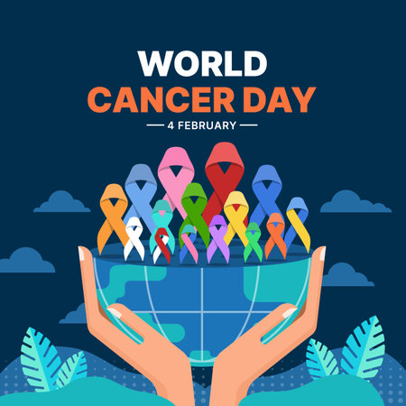 World Cancer Day - Two hand hold up set of ribbons of different colors against cancer sign on hemisphere on dark blue background vector designのイラスト素材