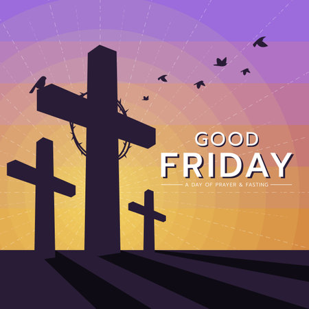 Good friday - silhouette three cross crucifix with thorns bird fly to sky at yellow purple sky and sunlight texture background vector designのイラスト素材