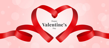 Happy Valentine's day text in red ribbon roll waving with heart shape frame on soft pink background vector designのイラスト素材