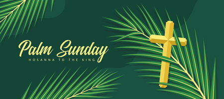 Palm sunday - Gold cross crucifix on green palm leaves on dark green background vector designのイラスト素材
