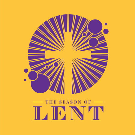 The season of Lent - Purple cross crucifix with circle radiate shine sign on yellow background vector designのイラスト素材
