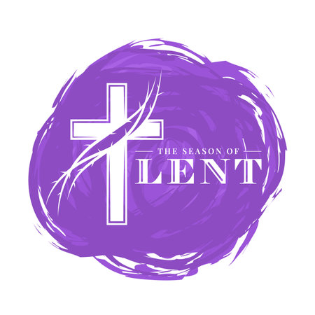 The season of Lent - White cross crucifix with thorns sign on purple circle paint brush texture background vector designのイラスト素材