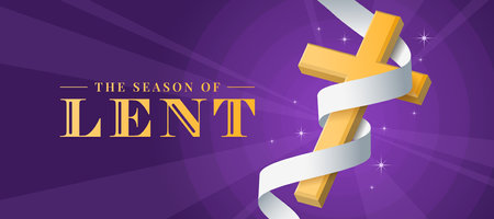 The season of Lent - Gold 3D cross crucifix with white cloth ribbon rolling around on purple light background vector designのイラスト素材