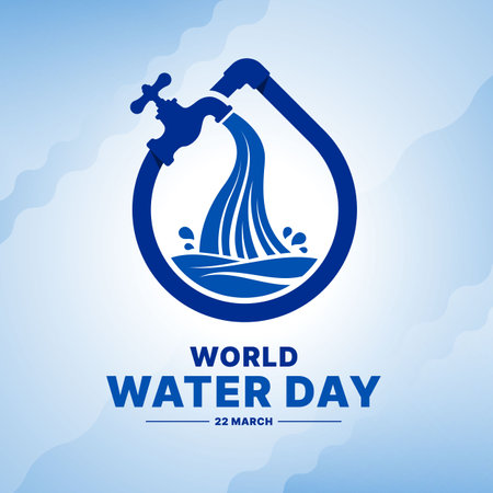 world water day - water fall on tap water with drop shape sign on abstract soft blue wave background vector designのイラスト素材