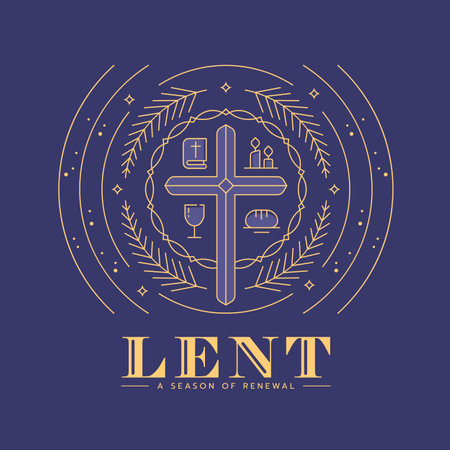 Lent - the season of renewal. Modern line gold cross crucifix in circle thorns with around scriptures, candles, goblet, bread and palm leaves on purple background flat style vector designのイラスト素材