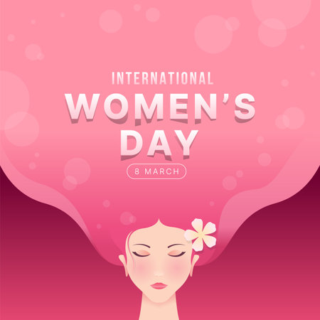 International women's day - Front head of woman with pink hair long to top with flower on pink background vector designのイラスト素材