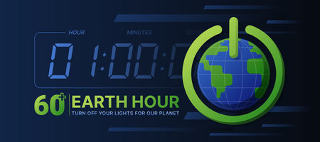 60 minutes plus, Earth hour - world global in shutdown sign on digital one hour time and dark blue background vector designのイラスト素材