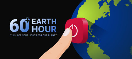60 minutes plus, Earth hour - Finger touch red turn off button on world global and dark blue background vector designのイラスト素材