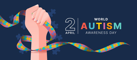Wolrd Autism Awareness Day - Hand hold line  autism awareness puzzle ribbon sign on dark blue and puzzle texture background vector designのイラスト素材