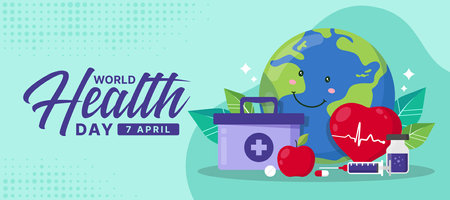 World Health Day - World charecter and heart with Heart rhythm wave and medical supplies around on soft green background vector designのイラスト素材