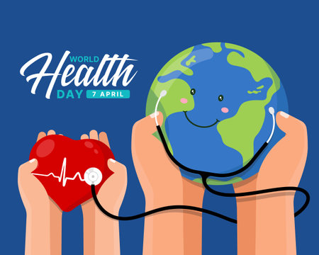World Health Day - Hands hold world doctor charecter is using stethoscope to check heart on blue background vector designのイラスト素材
