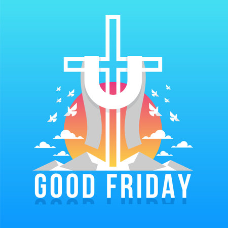 Good friday - white line big cross crucifix with cloth on mountain, bird fly freedom around and sunlight modern style on blue tone background vector designのイラスト素材