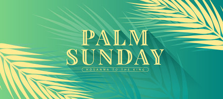 Palm sunday - Gold yellow text with shadow on gold and green palm leaves abstract texture on gradient green background vector designのイラスト素材