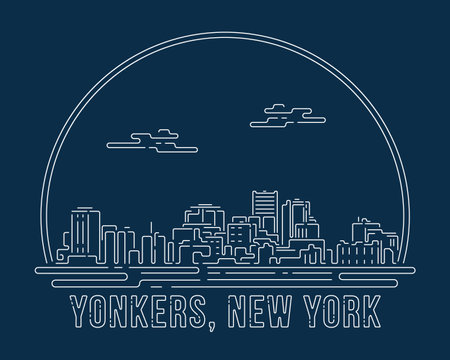Yonkers, New York - Cityscape with white abstract line corner curve modern style on dark blue background, building skyline city vector illustration designのイラスト素材