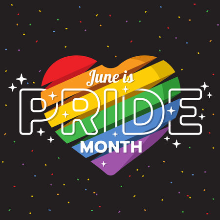 June is Pride month text on colorful rainbow striped heart rolling and ribbon fireworks around on black background vector designのイラスト素材